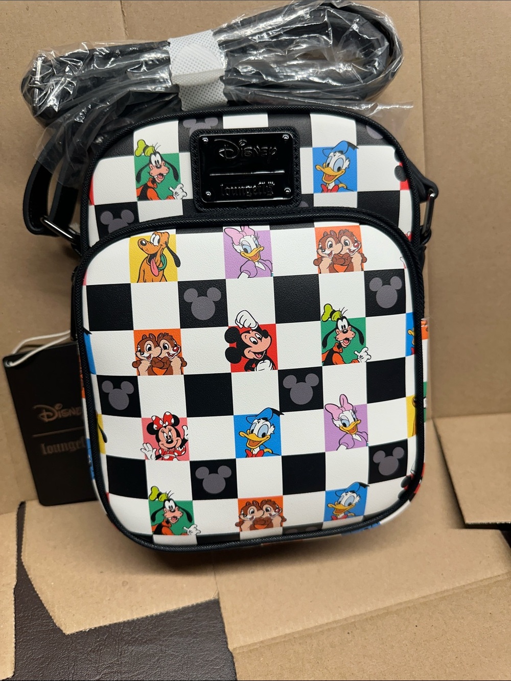 Loungefly Black & White Checkerboard Disney Character Crossbody Bag